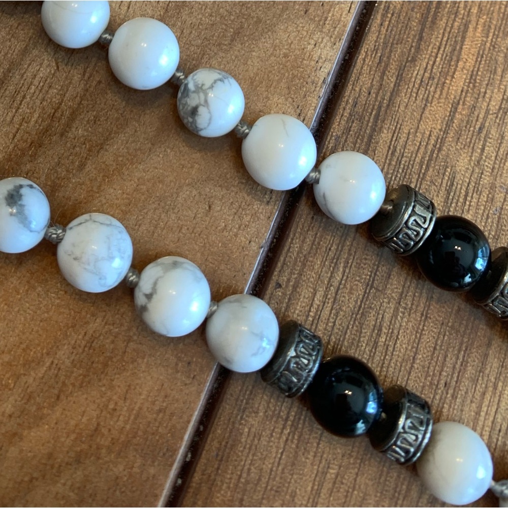 Extra long necklace with tassel, howlite and onyx, 25 inch drop, black white